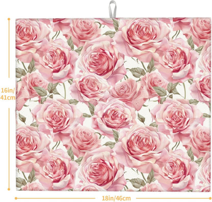 Pink Rose Dish Drying Mat For Kitchen Counter Romantic Floral Dry Mats Microfiber Dish Drainer Mat Protector Pad Absorbent Fast Drying Kitchen Must-Have 16x18 Inch
