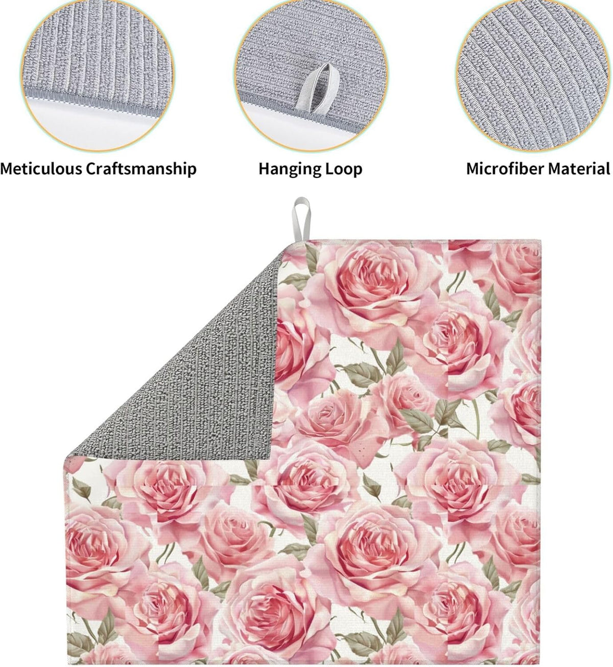 Pink Rose Dish Drying Mat For Kitchen Counter Romantic Floral Dry Mats Microfiber Dish Drainer Mat Protector Pad Absorbent Fast Drying Kitchen Must-Have 16x18 Inch