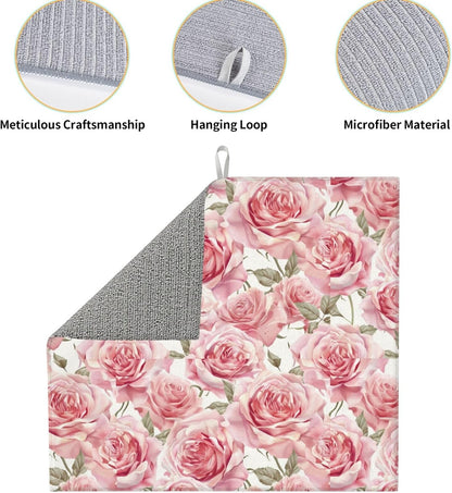 Pink Rose Dish Drying Mat For Kitchen Counter Romantic Floral Dry Mats Microfiber Dish Drainer Mat Protector Pad Absorbent Fast Drying Kitchen Must-Have 16x18 Inch