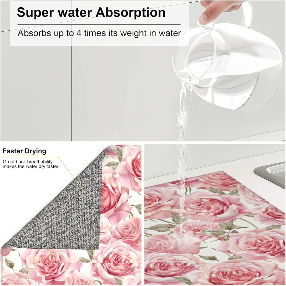 Pink Rose Dish Drying Mat For Kitchen Counter Romantic Floral Dry Mats Microfiber Dish Drainer Mat Protector Pad Absorbent Fast Drying Kitchen Must-Have 16x18 Inch