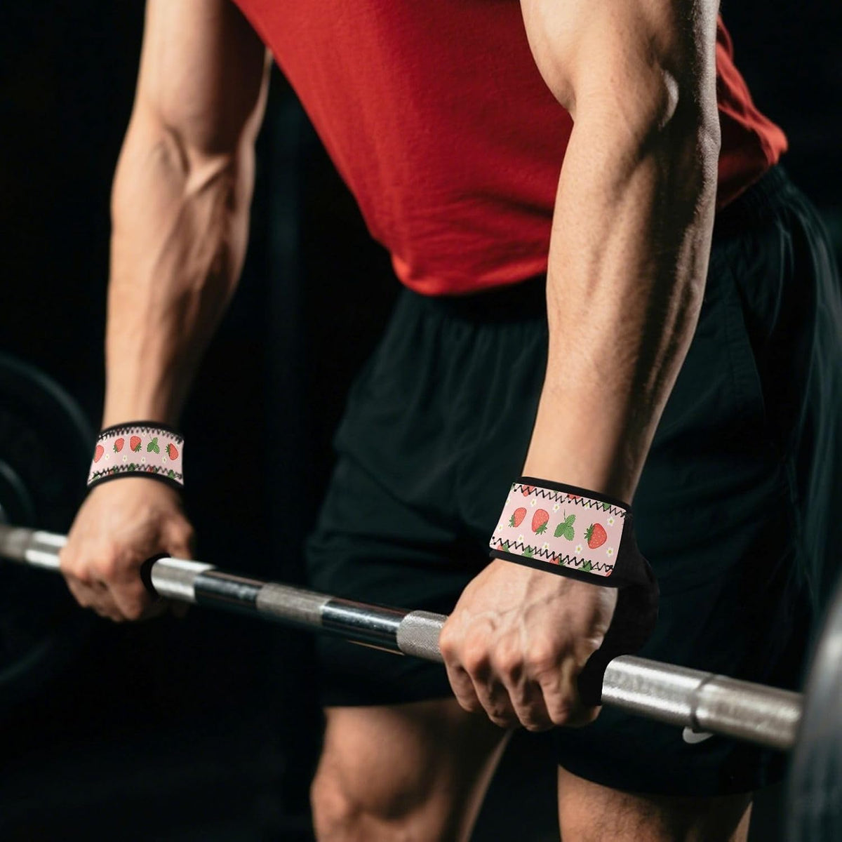 Cute Strawberry Pink Weightlifting Wrist Straps, Neoprene Padded Support with Anti-Slip Grip for Gym Training