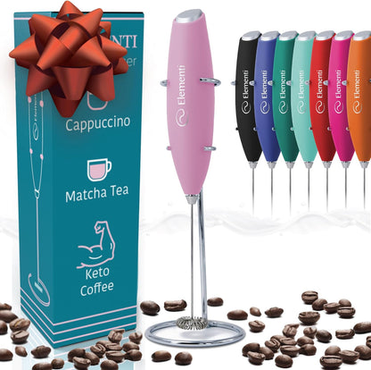 Electric Pink Milk Frother Handheld - Mini Whisk for Coffee, Matcha and Drinks - Portable Frother & Mixer with Stand (Pastel Pink)