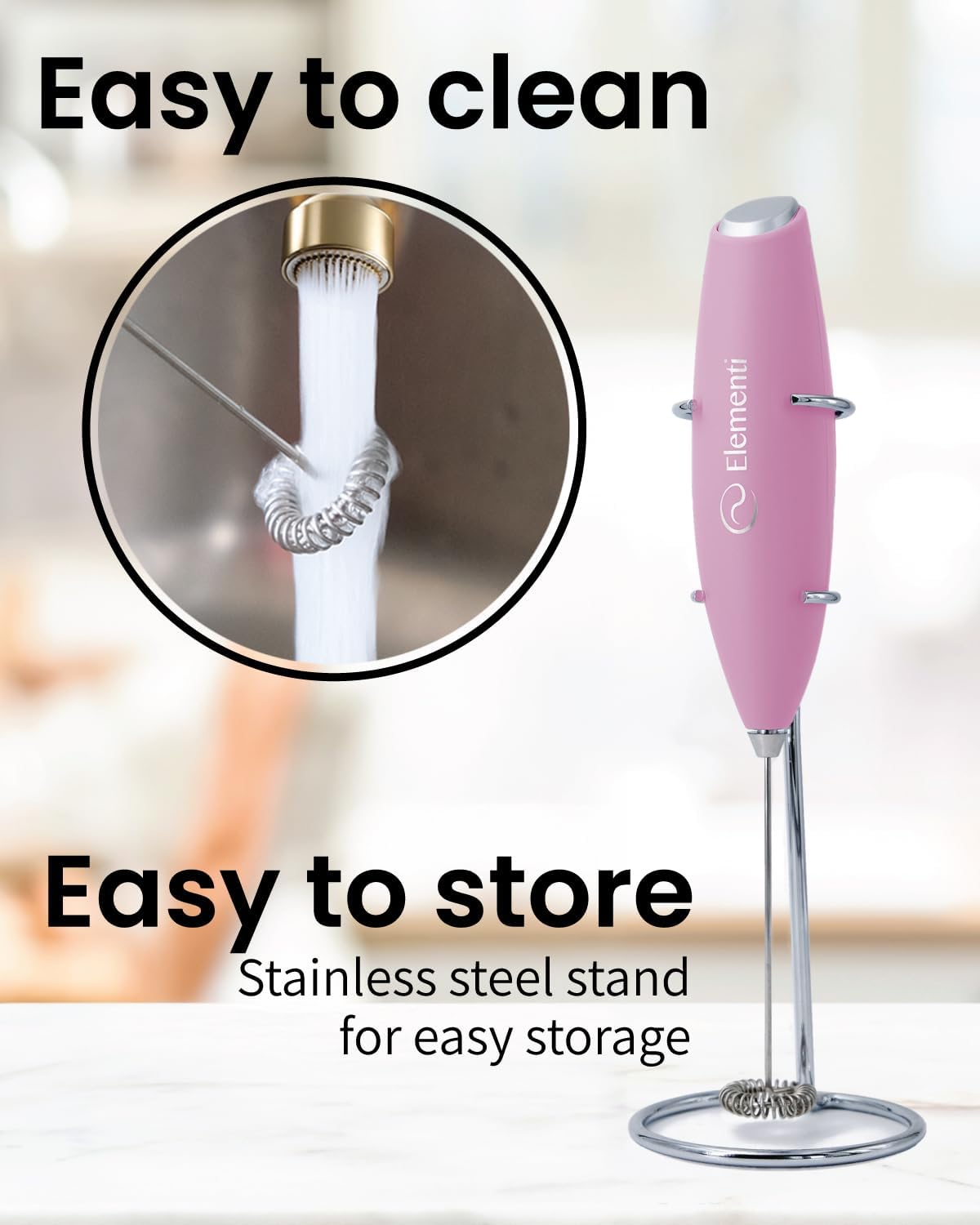 Electric Pink Milk Frother Handheld - Mini Whisk for Coffee, Matcha and Drinks - Portable Frother & Mixer with Stand (Pastel Pink)
