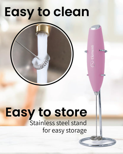 Electric Pink Milk Frother Handheld - Mini Whisk for Coffee, Matcha and Drinks - Portable Frother & Mixer with Stand (Pastel Pink)
