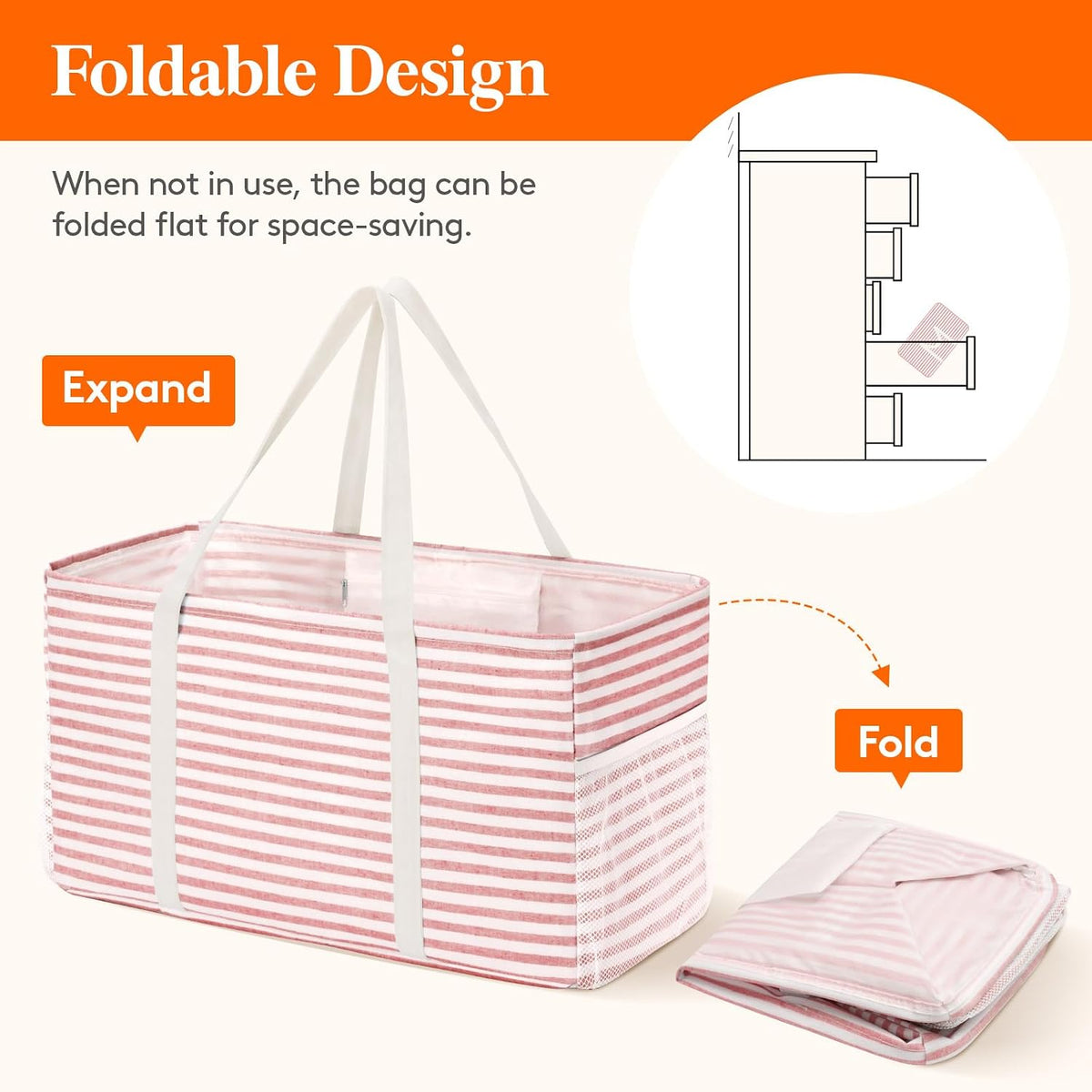 Large Tote bag, Reusable Shopping Grocery Bags, 46L, 1 Pack, Pink