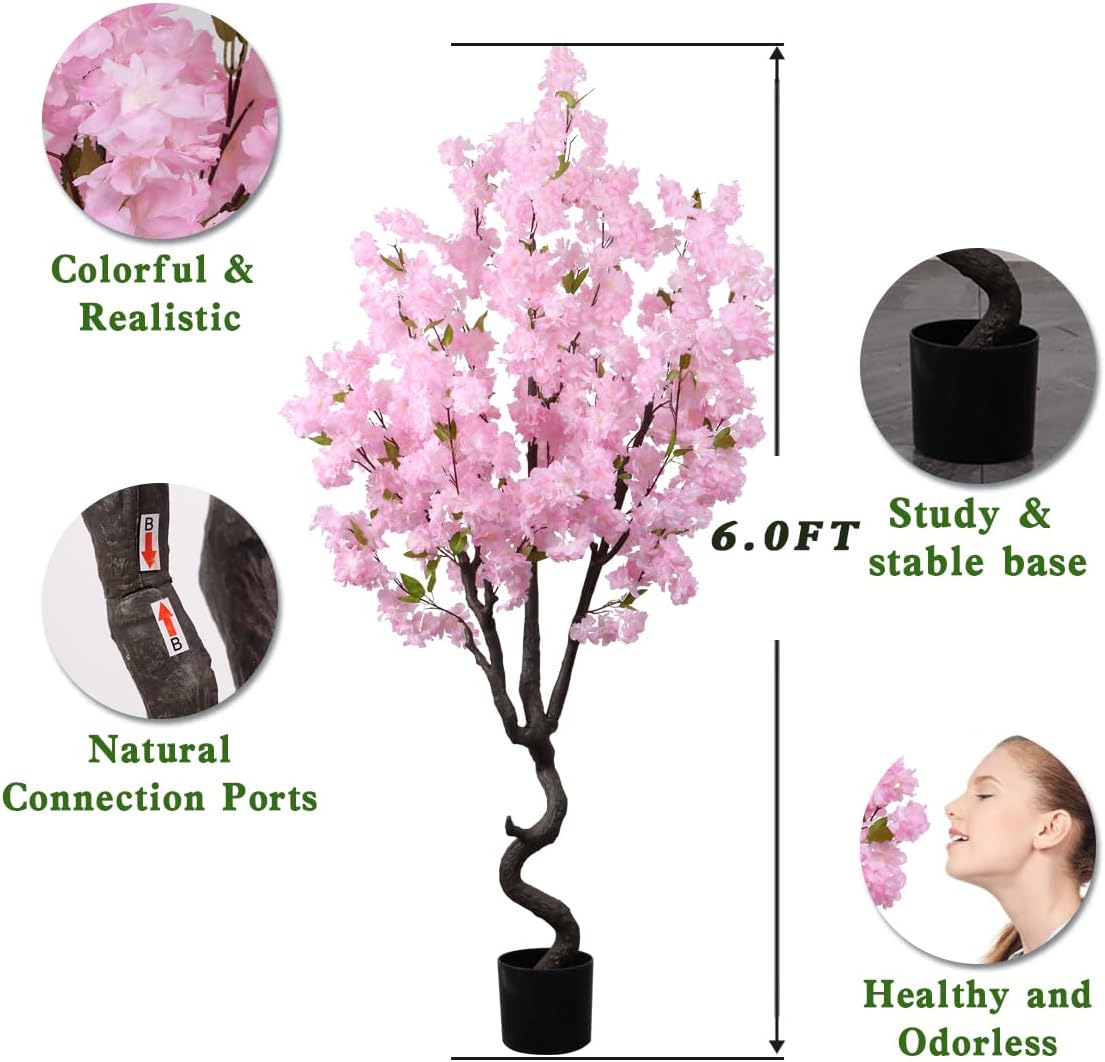 Artificial Pink Cherry Blossom Tree Fake Tree Cherry Blossom Decor Fake Flowers Faux Flowering Tree Pink Flowers Floral Artificial Plants for Indoors Outdoors Room Home Decor Gift 6FT