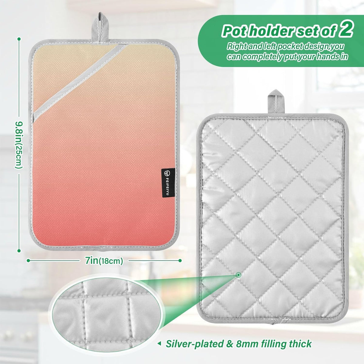 2 Pack Pot Holders, Solid Color Light Green Pink Gradient Oven Mitts Quilted Liner Trivets for Countertops Hot Pots and Pans, Square 7x9.8 in