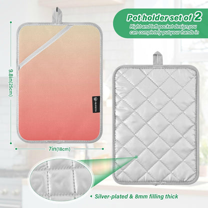 2 Pack Pot Holders, Solid Color Light Green Pink Gradient Oven Mitts Quilted Liner Trivets for Countertops Hot Pots and Pans, Square 7x9.8 in