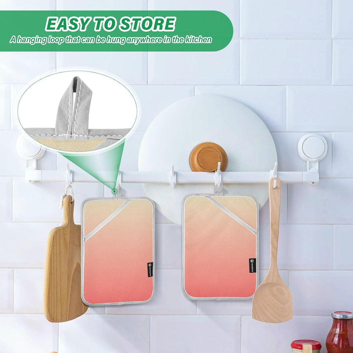2 Pack Pot Holders, Solid Color Light Green Pink Gradient Oven Mitts Quilted Liner Trivets for Countertops Hot Pots and Pans, Square 7x9.8 in