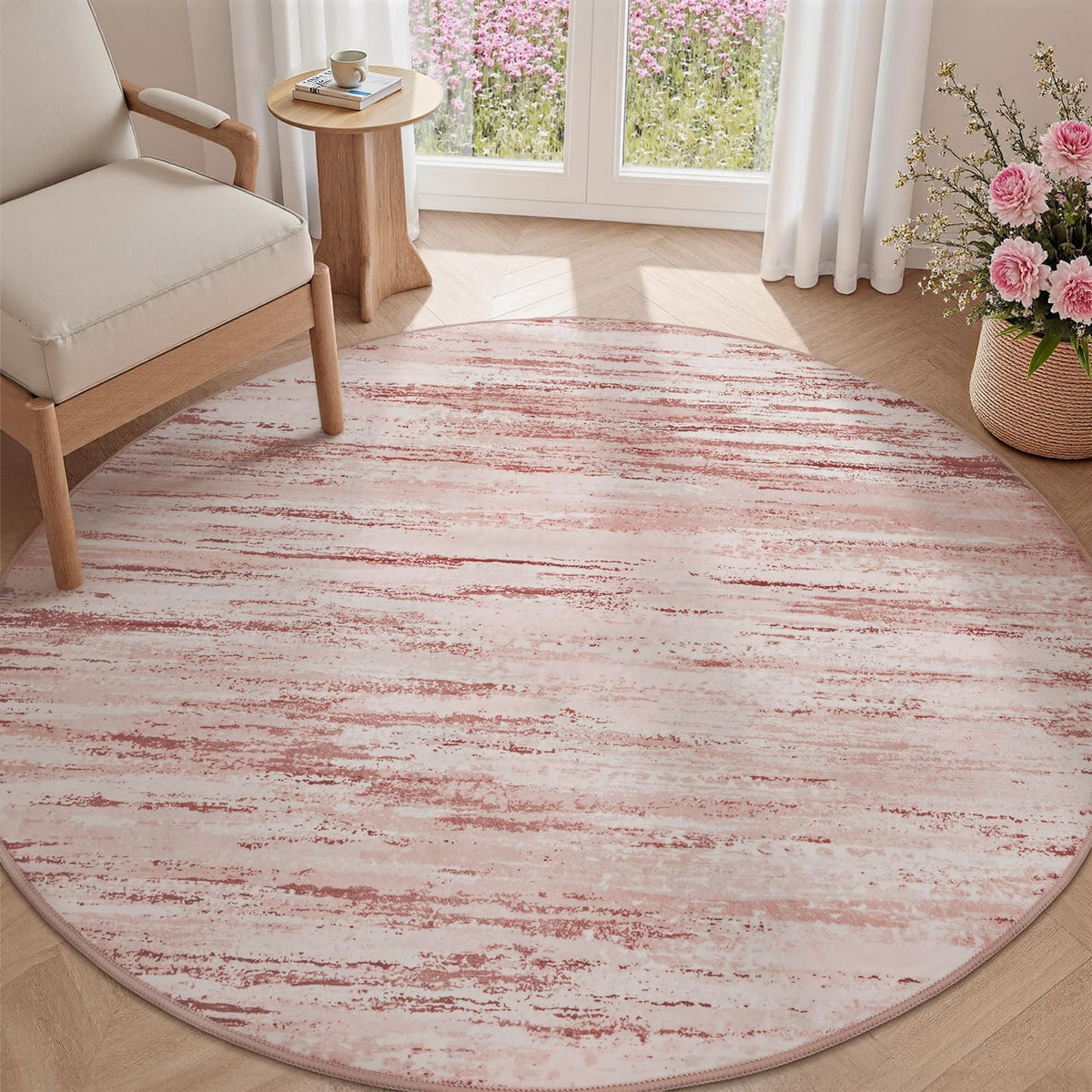 Round Rug 5FT Pink Modern Abstract Circle Rug for Bedroom Non Slip Soft Circular Rug Carpet Washable Round Area Rug, Pink, 5FT