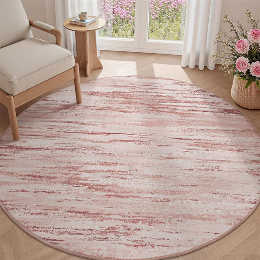 Round Rug 5FT Pink Modern Abstract Circle Rug for Bedroom Non Slip Soft Circular Rug Carpet Washable Round Area Rug, Pink, 5FT