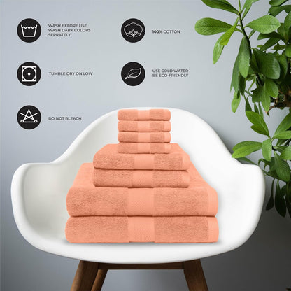 Ocean Towel Set for Bathroom 100% Luxury Cotton Bath Towels Set of 8 (2 Bath Towel and 2 Hand Towel & 4 Wash Cloth) - Peach Soft Towels Bathroom 600 GSM Double Stitched for Durability