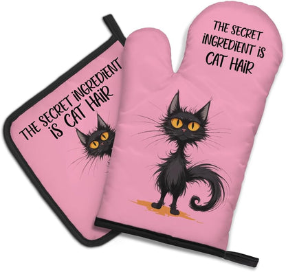 The Secret Ingredient Is Cat Hair Pink Oven Mitts and Pot Holder Set, Cute Cat Kitchen Gadgets for Women Cat Lover, Housewarming Gifts for Cat Mom Hostess, Baking Gifts for Mom Aunt Sister BFF