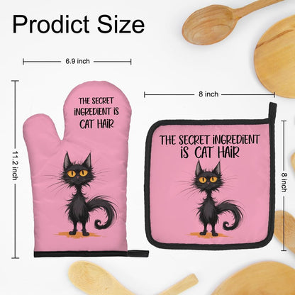 The Secret Ingredient Is Cat Hair Pink Oven Mitts and Pot Holder Set, Cute Cat Kitchen Gadgets for Women Cat Lover, Housewarming Gifts for Cat Mom Hostess, Baking Gifts for Mom Aunt Sister BFF