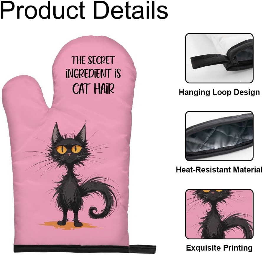The Secret Ingredient Is Cat Hair Pink Oven Mitts and Pot Holder Set, Cute Cat Kitchen Gadgets for Women Cat Lover, Housewarming Gifts for Cat Mom Hostess, Baking Gifts for Mom Aunt Sister BFF