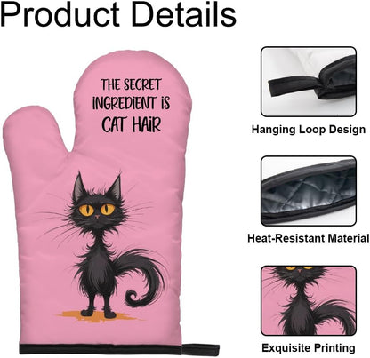 The Secret Ingredient Is Cat Hair Pink Oven Mitts and Pot Holder Set, Cute Cat Kitchen Gadgets for Women Cat Lover, Housewarming Gifts for Cat Mom Hostess, Baking Gifts for Mom Aunt Sister BFF
