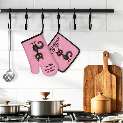The Secret Ingredient Is Cat Hair Pink Oven Mitts and Pot Holder Set, Cute Cat Kitchen Gadgets for Women Cat Lover, Housewarming Gifts for Cat Mom Hostess, Baking Gifts for Mom Aunt Sister BFF