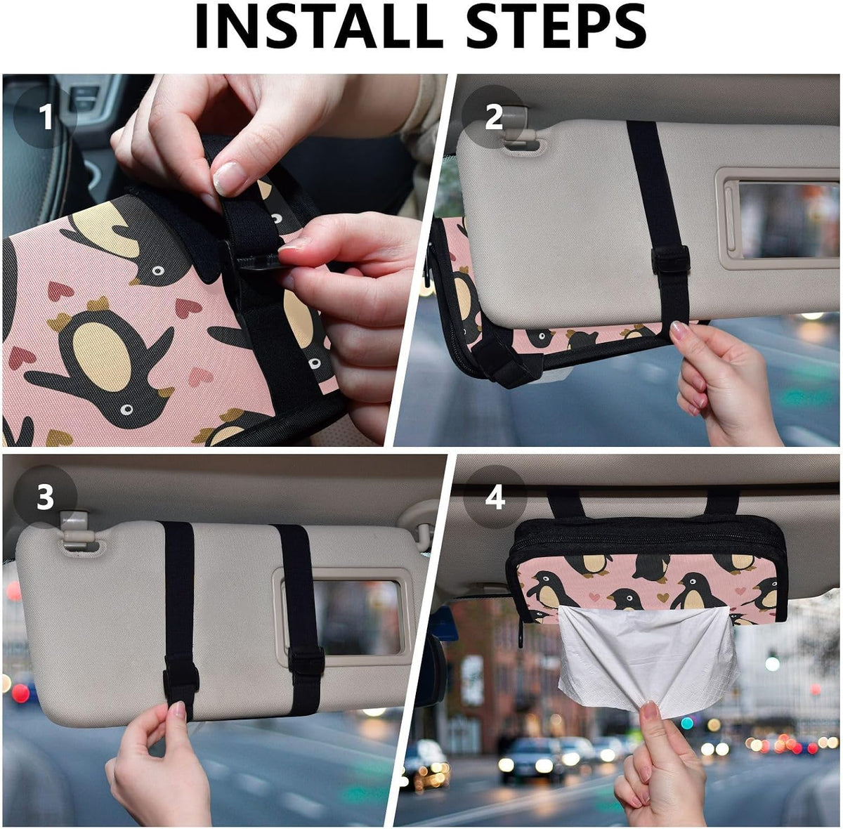 Hanging tissue holder for car visor Penguin Peach Valentines Gold napkin holder sun visor with Adjustable straps & zipper Reusable auto accessories for Autos