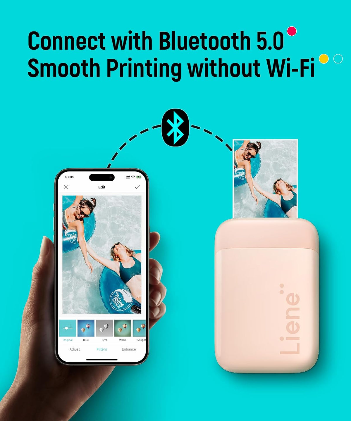 Pearl K100 Photo Printer, 2x3 Mini Instant Portable Color Mono Picture Printer 50 Zink Adhesive Paper, Bluetooth 5.2, Compatible w/iOS & Android, Small Photo Maker for iPhone, Smartphones, Pink