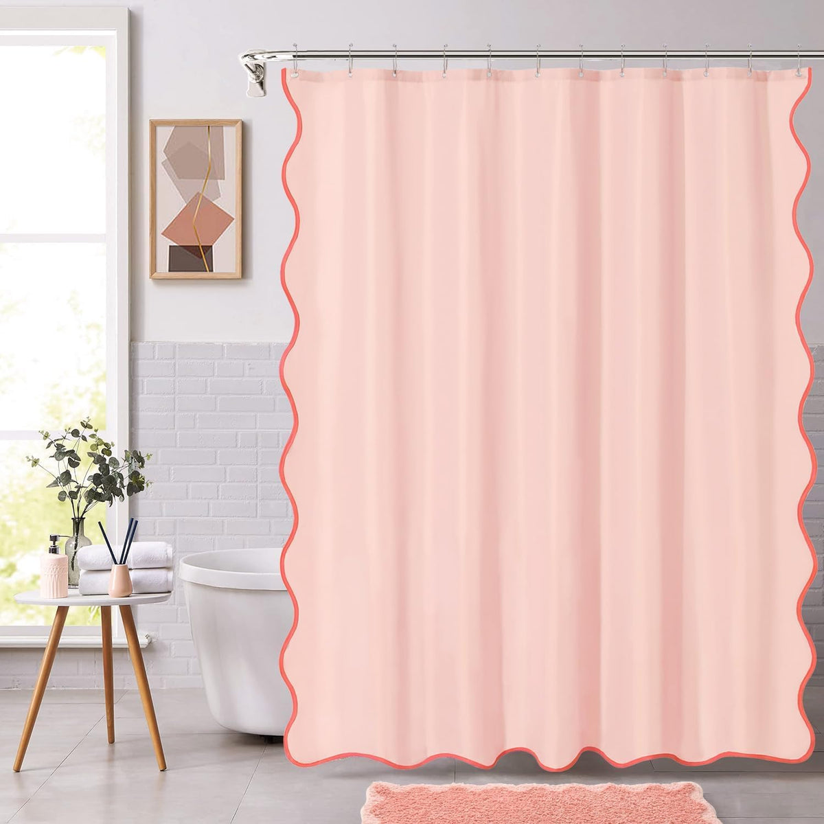 Blush Pink Scalloped Shower Curtain, Light Pink Cute Shower Curtain Peach Aesthetic Preppy Boho Waterproof Fabric Girly Bath Bathroom Decor with Metal Hook 72 W x 72 H Inch