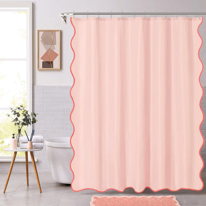 Blush Pink Scalloped Shower Curtain, Light Pink Cute Shower Curtain Peach Aesthetic Preppy Boho Waterproof Fabric Girly Bath Bathroom Decor with Metal Hook 72 W x 72 H Inch