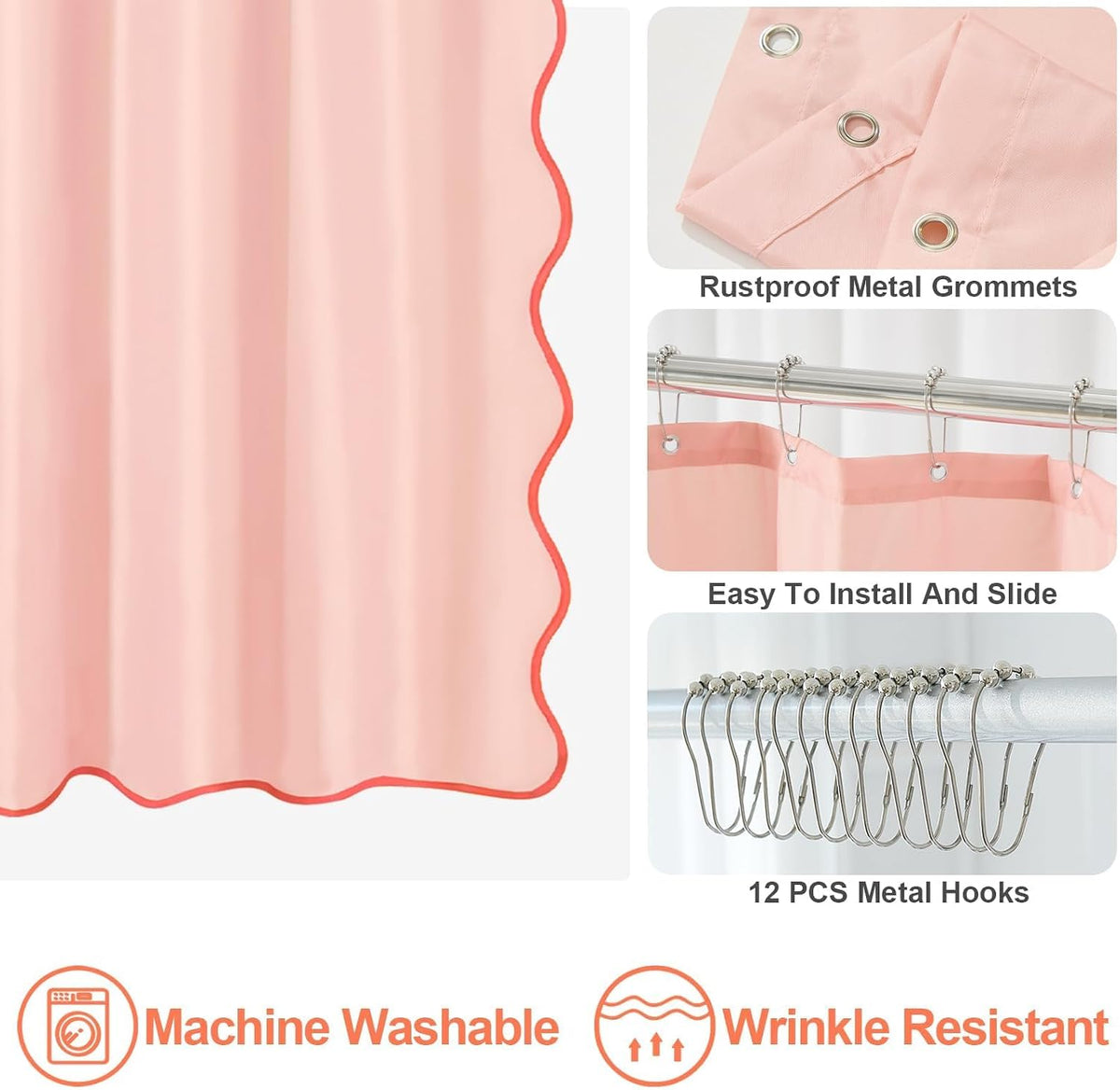Blush Pink Scalloped Shower Curtain, Light Pink Cute Shower Curtain Peach Aesthetic Preppy Boho Waterproof Fabric Girly Bath Bathroom Decor with Metal Hook 72 W x 72 H Inch