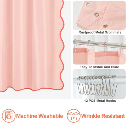 Blush Pink Scalloped Shower Curtain, Light Pink Cute Shower Curtain Peach Aesthetic Preppy Boho Waterproof Fabric Girly Bath Bathroom Decor with Metal Hook 72 W x 72 H Inch