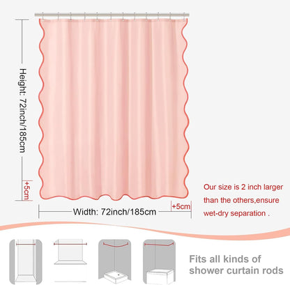 Blush Pink Scalloped Shower Curtain, Light Pink Cute Shower Curtain Peach Aesthetic Preppy Boho Waterproof Fabric Girly Bath Bathroom Decor with Metal Hook 72 W x 72 H Inch