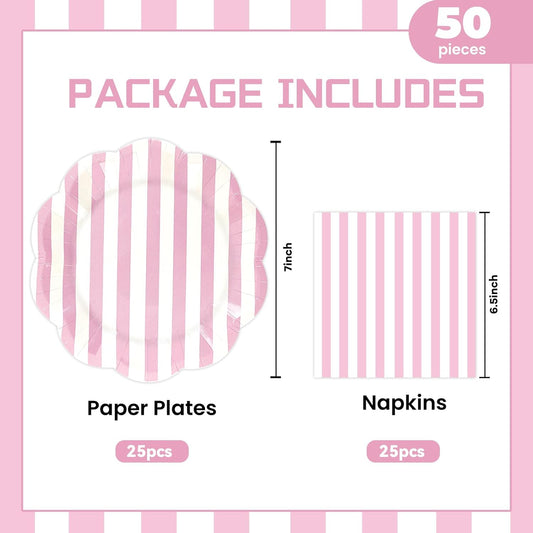 50PCS Pink Striped Paper Plates and Napkins Party Supplies, Pinkand White Scalloped Party Plates and Napkins Tableware Set for Birthday Bridal & Baby Shower Wedding Party Decoration (Pink)
