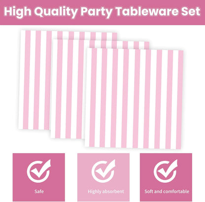 50PCS Pink Striped Paper Plates and Napkins Party Supplies, Pinkand White Scalloped Party Plates and Napkins Tableware Set for Birthday Bridal & Baby Shower Wedding Party Decoration (Pink)