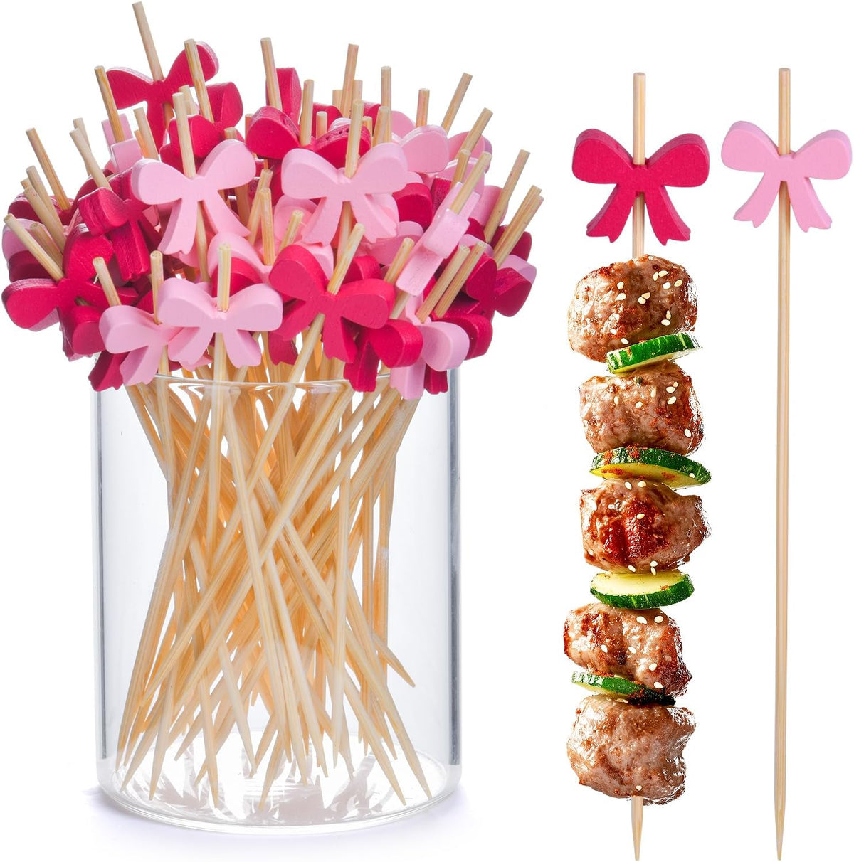 100 Pack Bow Toothpicks for Appetizers, 4.7 Inch Natural Bamboo Cocktail Picks for Cake Dessert Food Fruit Party Decorations