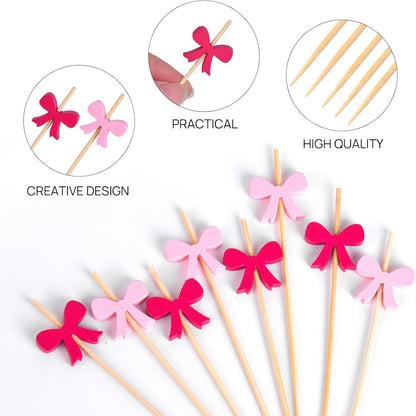 100 Pack Bow Toothpicks for Appetizers, 4.7 Inch Natural Bamboo Cocktail Picks for Cake Dessert Food Fruit Party Decorations