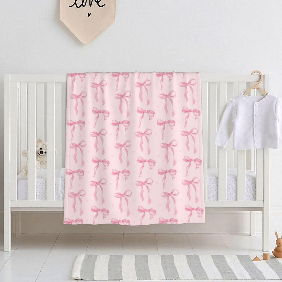 Cute Pink Throw Blanket Pink Ribbon Bow Soft Cozy Flannel Fleece Blanket Fuzzy Bedding for Couch Sofa Chair Bed Living Room Bedroom Decor All Seasons Valentine's Day Birthday Gift Women Girl,40"X30"
