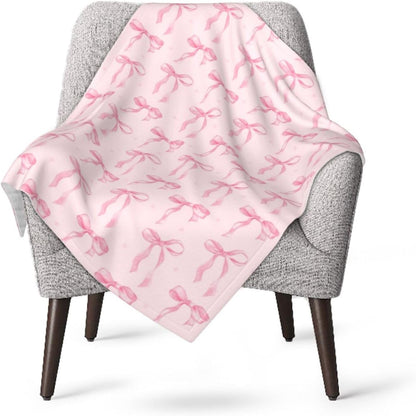 Cute Pink Throw Blanket Pink Ribbon Bow Soft Cozy Flannel Fleece Blanket Fuzzy Bedding for Couch Sofa Chair Bed Living Room Bedroom Decor All Seasons Valentine's Day Birthday Gift Women Girl,40"X30"