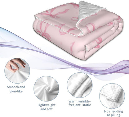 Cute Pink Throw Blanket Pink Ribbon Bow Soft Cozy Flannel Fleece Blanket Fuzzy Bedding for Couch Sofa Chair Bed Living Room Bedroom Decor All Seasons Valentine's Day Birthday Gift Women Girl,40"X30"