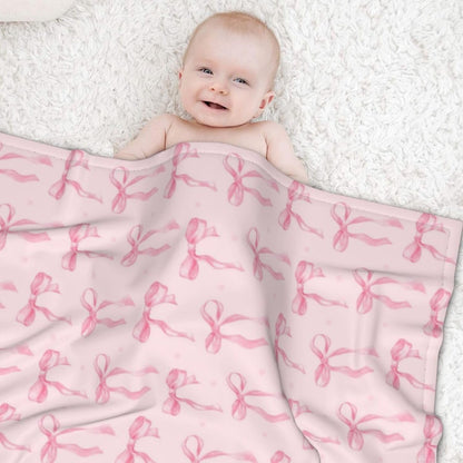 Cute Pink Throw Blanket Pink Ribbon Bow Soft Cozy Flannel Fleece Blanket Fuzzy Bedding for Couch Sofa Chair Bed Living Room Bedroom Decor All Seasons Valentine's Day Birthday Gift Women Girl,40"X30"