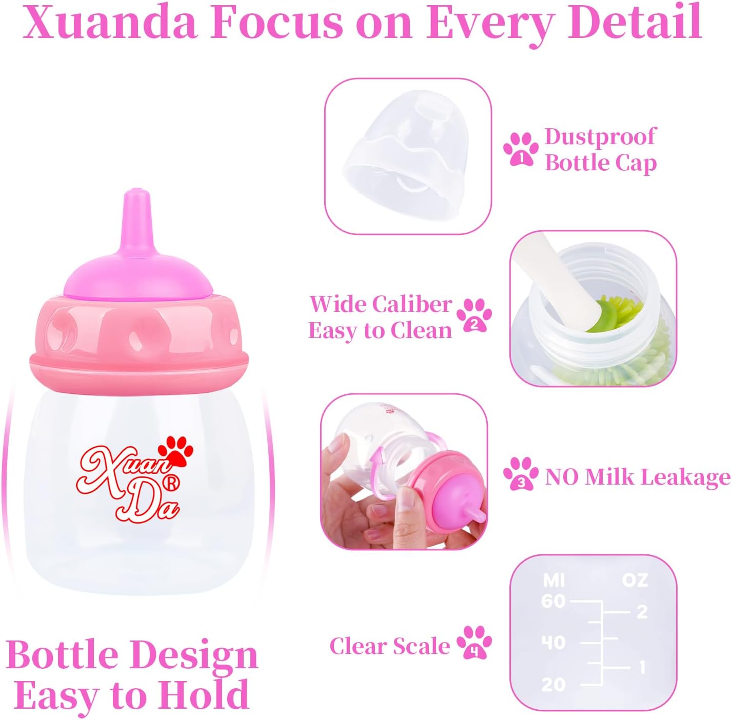 Pet Feeding Bottle,3 Pack 60ml Nursing Bottle, 3 Sizes Nipples with Ventilation Valve Resistant Tearing Perfect for Puppies, Kittens, Small Wildlife (Pink)