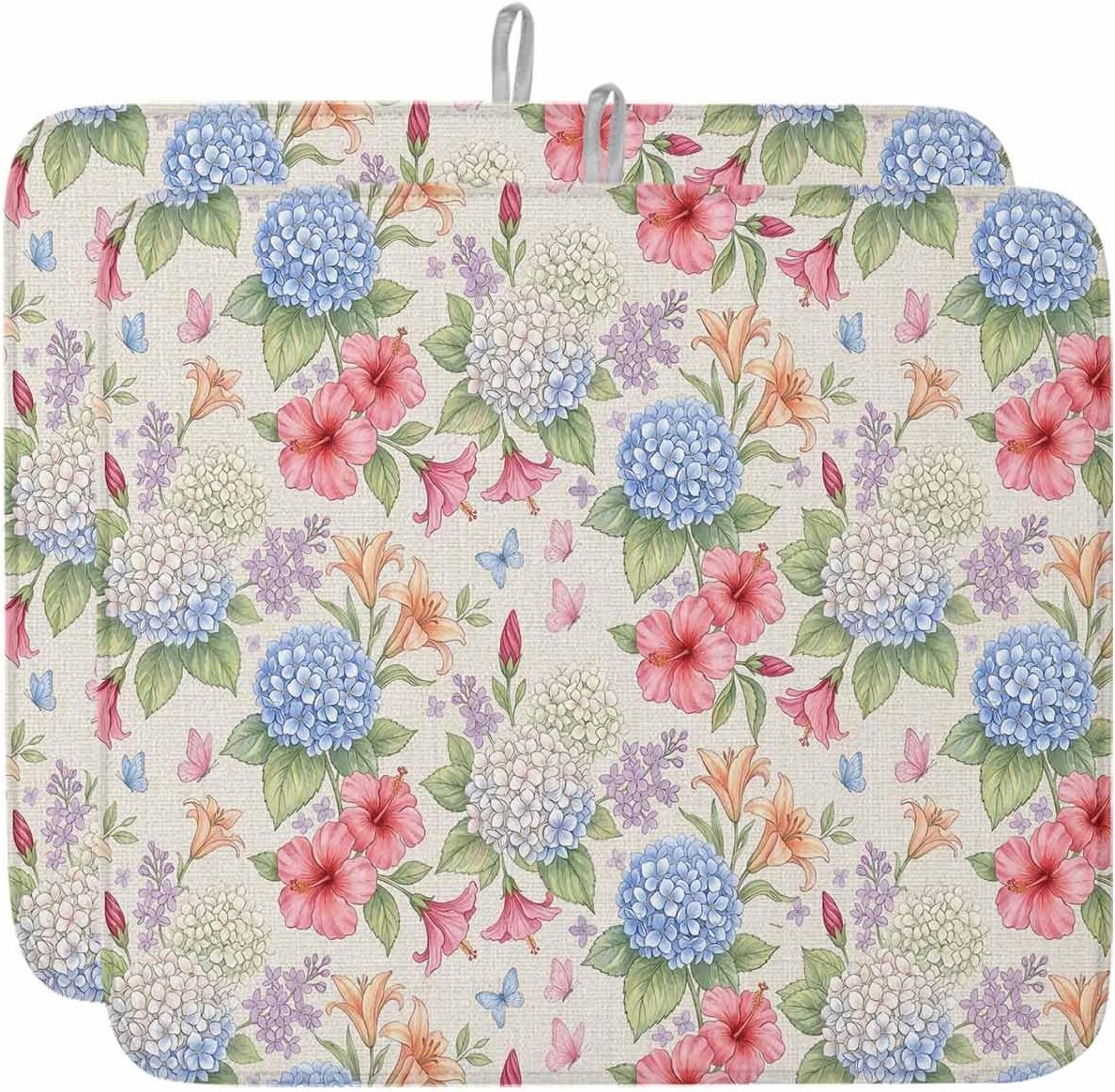 Blue Pink Floral Dish Drying Mat 2 Pack, Retro White Blue Pink Yellow Flowers Beige Absorbent Heat Insulating Kitchen Drying Pad Drainer Mats for Sink Counter Pot Dishes 16 X 18 Inch