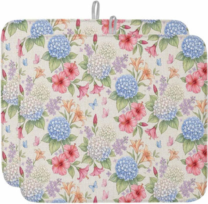 Blue Pink Floral Dish Drying Mat 2 Pack, Retro White Blue Pink Yellow Flowers Beige Absorbent Heat Insulating Kitchen Drying Pad Drainer Mats for Sink Counter Pot Dishes 16 X 18 Inch