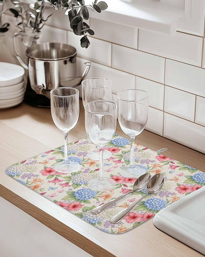 Blue Pink Floral Dish Drying Mat 2 Pack, Retro White Blue Pink Yellow Flowers Beige Absorbent Heat Insulating Kitchen Drying Pad Drainer Mats for Sink Counter Pot Dishes 16 X 18 Inch