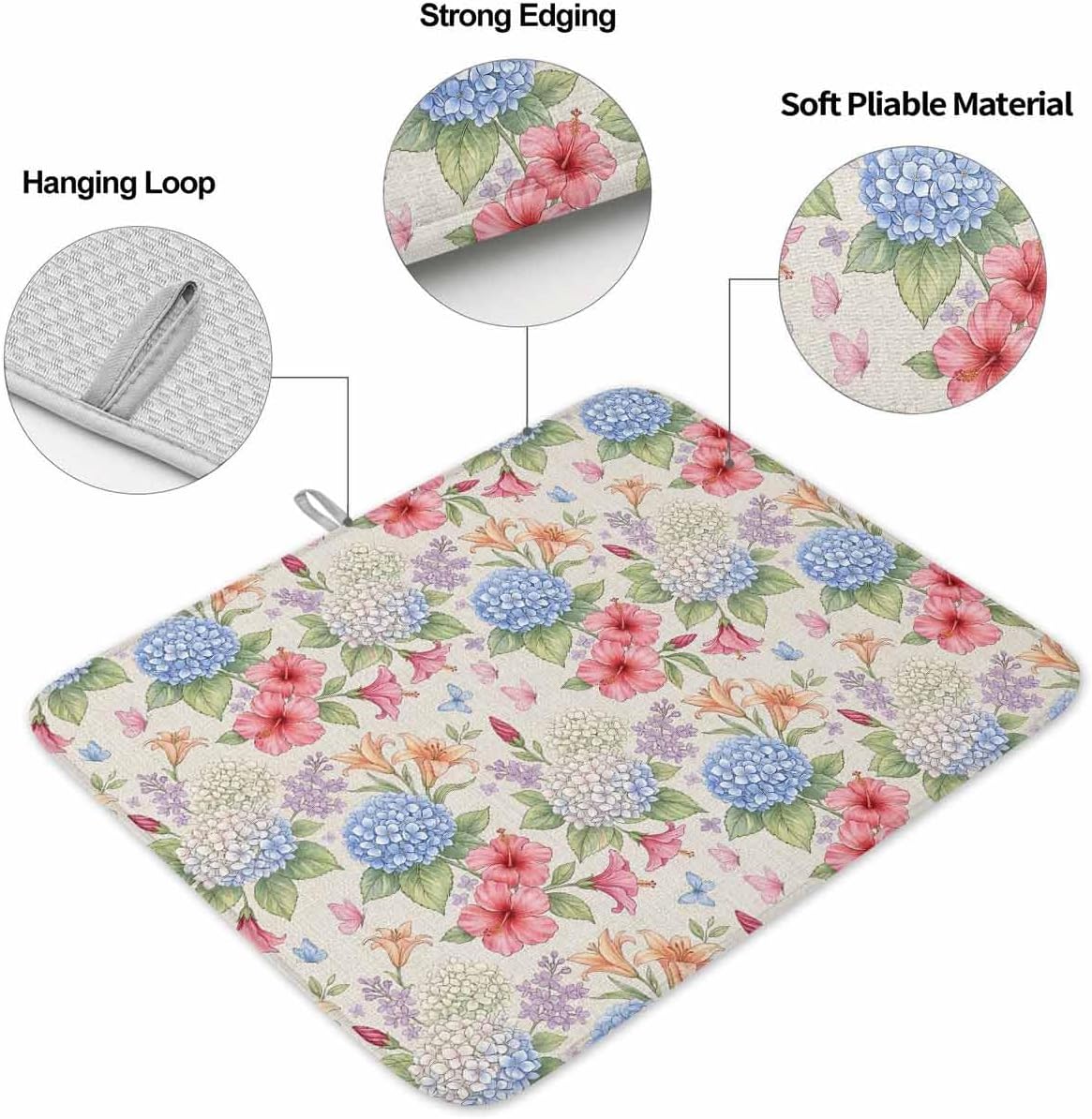 Blue Pink Floral Dish Drying Mat 2 Pack, Retro White Blue Pink Yellow Flowers Beige Absorbent Heat Insulating Kitchen Drying Pad Drainer Mats for Sink Counter Pot Dishes 16 X 18 Inch