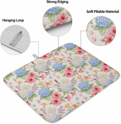 Blue Pink Floral Dish Drying Mat 2 Pack, Retro White Blue Pink Yellow Flowers Beige Absorbent Heat Insulating Kitchen Drying Pad Drainer Mats for Sink Counter Pot Dishes 16 X 18 Inch