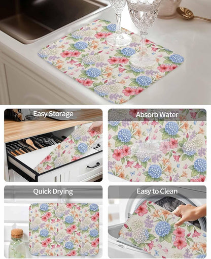 Blue Pink Floral Dish Drying Mat 2 Pack, Retro White Blue Pink Yellow Flowers Beige Absorbent Heat Insulating Kitchen Drying Pad Drainer Mats for Sink Counter Pot Dishes 16 X 18 Inch