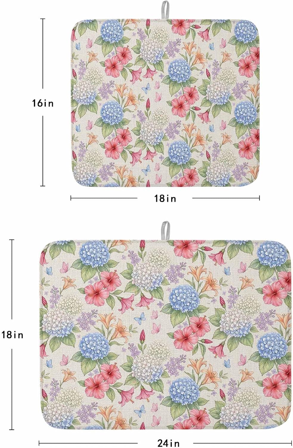Blue Pink Floral Dish Drying Mat 2 Pack, Retro White Blue Pink Yellow Flowers Beige Absorbent Heat Insulating Kitchen Drying Pad Drainer Mats for Sink Counter Pot Dishes 16 X 18 Inch