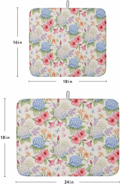 Blue Pink Floral Dish Drying Mat 2 Pack, Retro White Blue Pink Yellow Flowers Beige Absorbent Heat Insulating Kitchen Drying Pad Drainer Mats for Sink Counter Pot Dishes 16 X 18 Inch