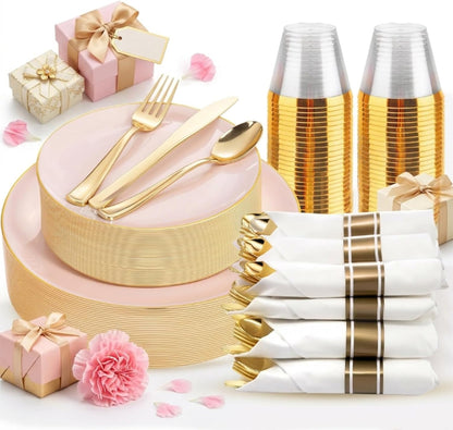 175PCS Pink Plates Disposable - Pink and Gold Plates for Baby Shower