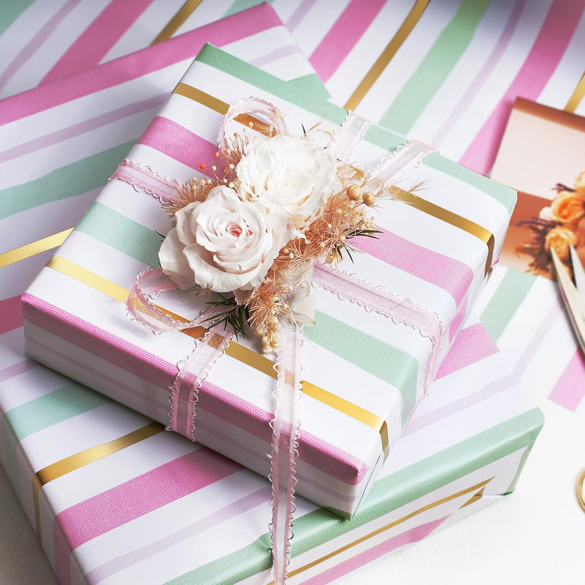 Striped Wrapping Paper Roll Pink & Gold Stripe Design for Women