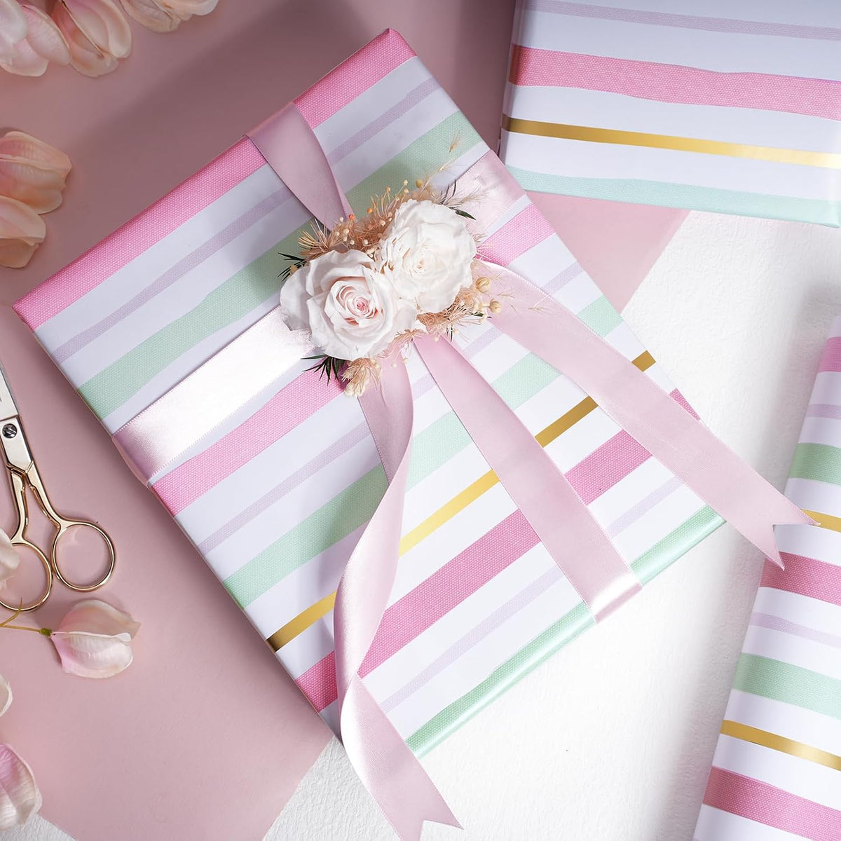 Striped Wrapping Paper Roll Pink & Gold Stripe Design for Women