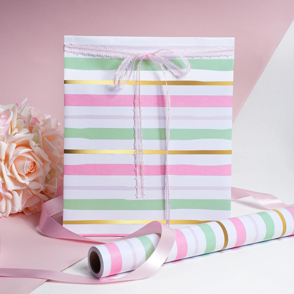 Striped Wrapping Paper Roll Pink & Gold Stripe Design for Women