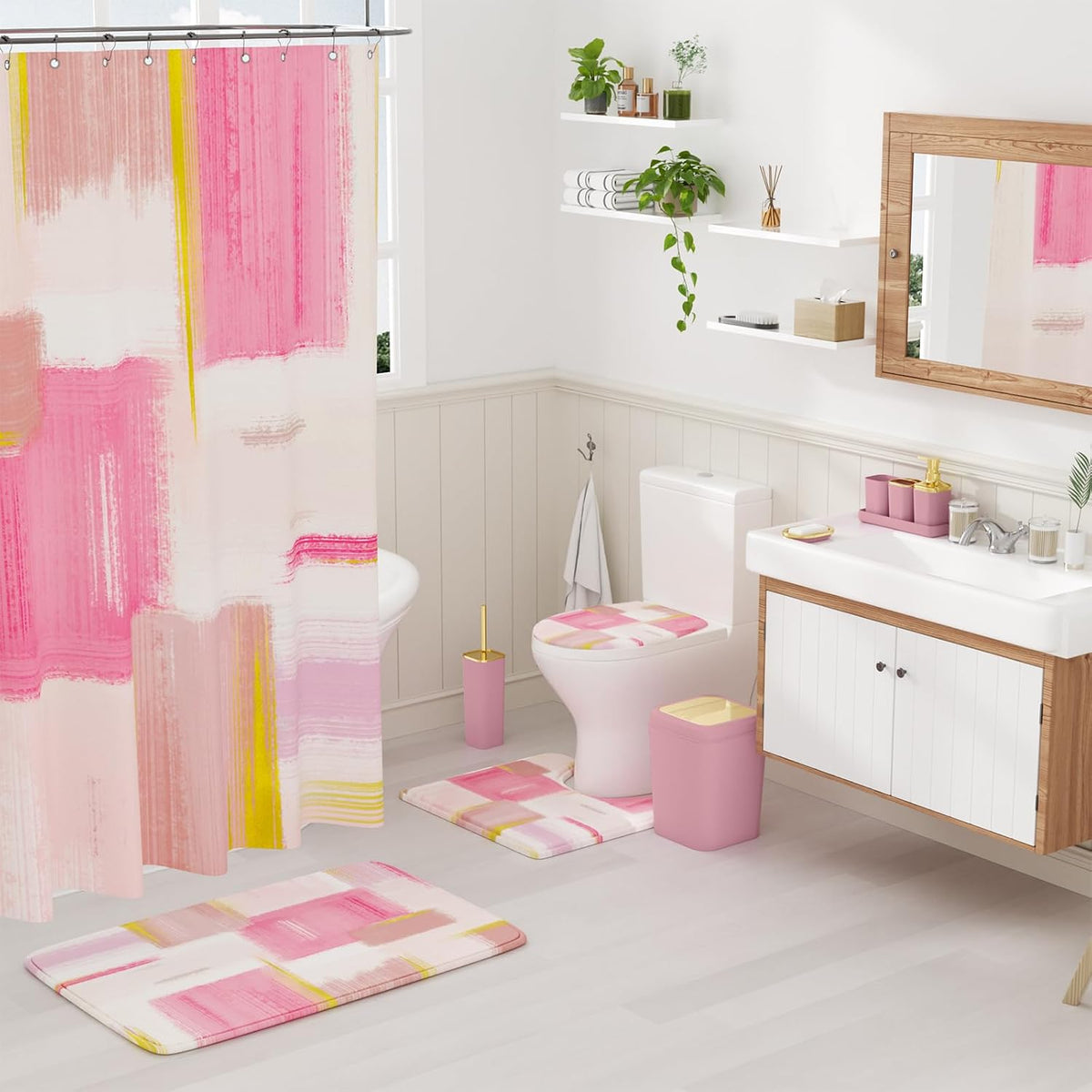 XLHOMO Bathroom Accessories Set - 25PC Bathroom Set with Shower Curtain and Rugs, Pink Bathroom Set, Bathroom Accessory Set with Press-on Lid Trash Can, Soap Dispenser and Qtip Holders